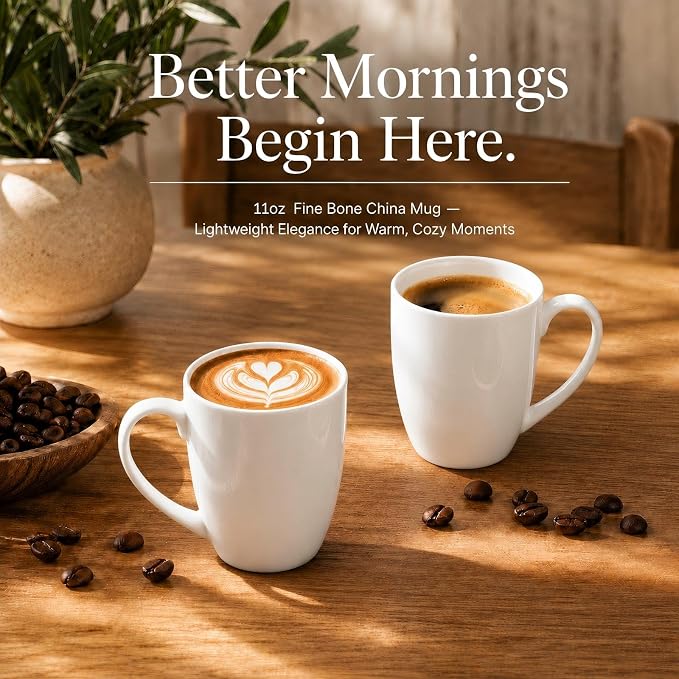Plain White Fine Bone China Blank Coffee Mugs Set of 2, 11 Oz Tea Cups with Large Handle, Lightweight Ceramic Coffee Mugs, Aesthetic Coffee Cups