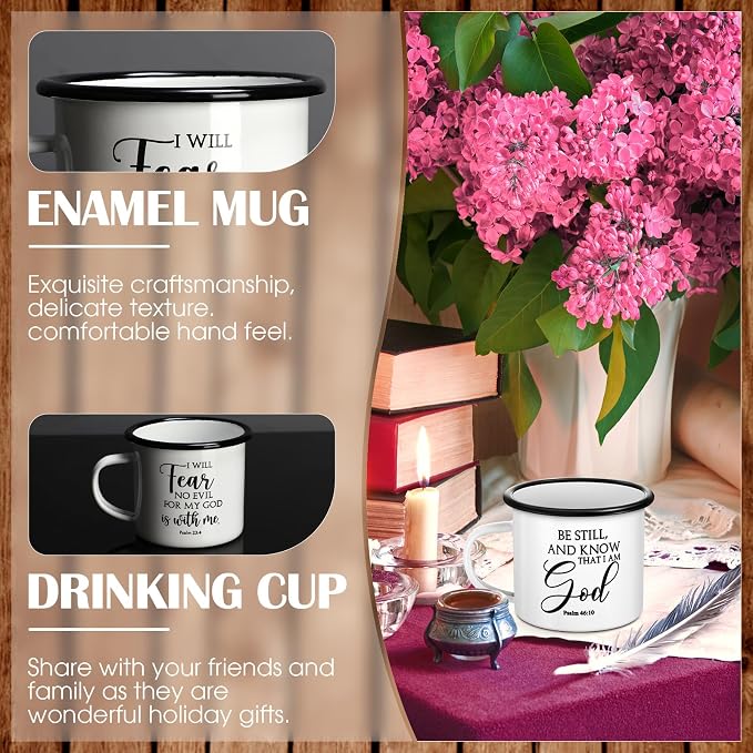 Mifoci Christian Enamel Mugs Gifts Inspirational Coffee Mugs with Handle Bible Verse Religious Camping Cups Church Party Favors for Church Clergy Pastor Men(White,12 Pcs)