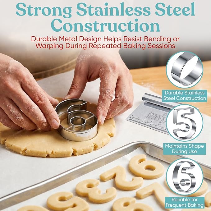 Bakerpan Stainless Steel Big Number Cookie Cutter Set - 9 Large 3.5 Inch Number Cookie Cutters 0-9 (Reversible 6/9) for Cookies, Biscuits, Fondant, Birthdays & Cake Decorating + Bonus Dough Cutter