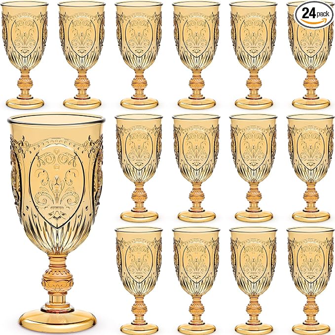 Wiwiqing 24 Pcs Plastic Goblets 7.5oz Vintage Goblet Plastic Wine Glasses Colored Retro Embossed Water Goblets for Wine Bar Juice Baby Shower Wedding Reception Grand Event Party (Amber)