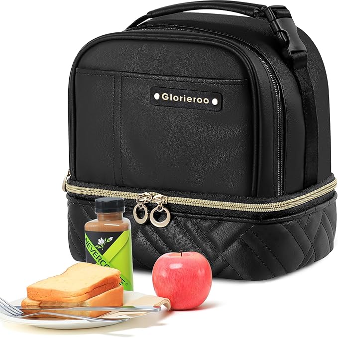Double Deck Lunch Box Bag Women - Vegan Leather Insulated Waterproof Leakproof Cooler for Work Travel Picnics - Teacher Mothers Day Christmas Birthday Gifts