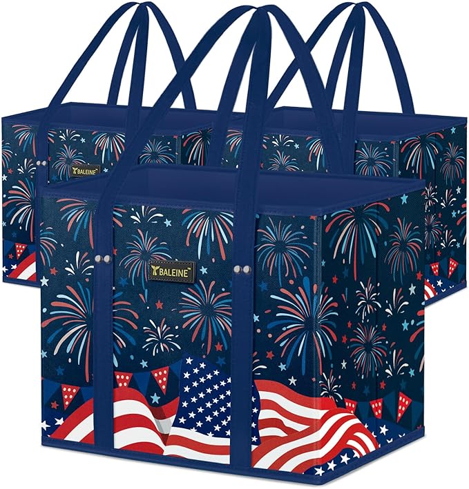 BALEINE 3Pk Reusable Grocery Bags, Foldable Shopping Bags for Groceries with Reinforced Bottom & Handles (Freedom Celebration)