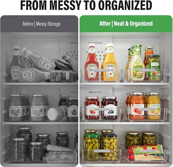 Fridge Organizer Bins with Wheels, Pull Out Fridge Organizer, Adjustable Dividers and Easy Pull Handles, Clear Plastic, 2-Pack, Suitable for Kitchen, Pantry and Cabinet Deep Shelves