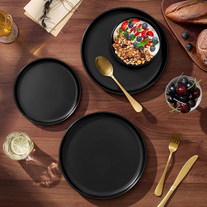 E-far 12-Piece Stoneware Plates and Bowls Sets, Dinnerware Sets for 4, Ceramic Dishware Dishes Set with Terracotta Base, Chip & Scratch Resistant, Microwave & Dishwasher Safe, Matte Black