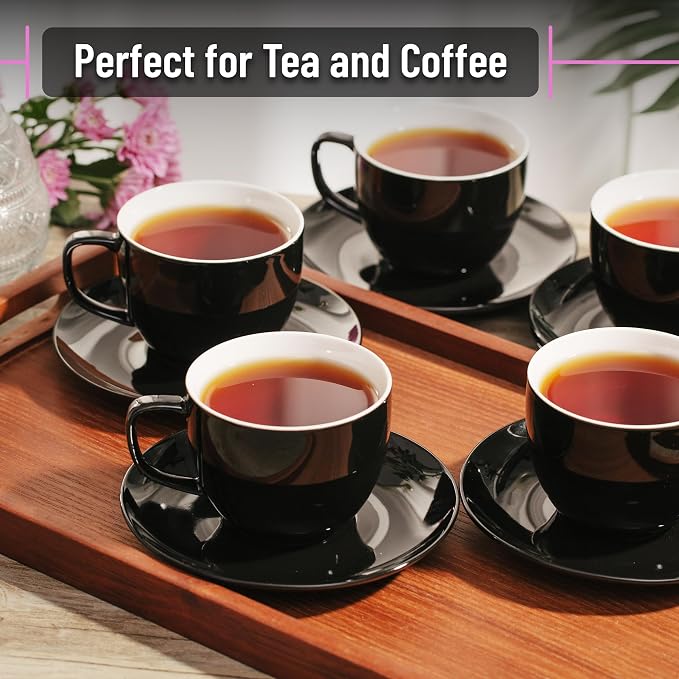 BTaT- Cappuccino Cups with Saucers 8 oz, Set of 6, Black Porcelain Coffee Cup and Saucer Set for Latte, Mocha, Tea, Au Lait, Flat White, Dishwasher, Microwave, Freezer and Oven Safe