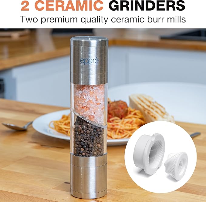 Eparé Bundle: Dual Salt & Pepper Grinder & Reusable Swedish Kitchen Dishcloth - Manual Combo Mill Grinders & Stylish & Washable Cellulose Paper Towel & Sponges Alternative