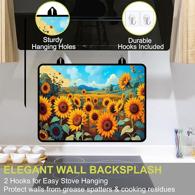 Glass stove top cover 28"x 20", Stove Top Covers for Electric Stove, Flat Range Mat for Glass Cooktop, Kitchen Heat-Resistant Protector Non-Slip Drying Mat (Sunflower)