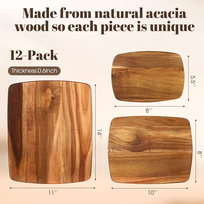 GlikCeil 12 Pcs Thick Acacia Wood Cutting Boards for Kitchen Reversible Wooden Chopping Board Set Double Sided Charcuterie Boards for Meat Cheese Meal Supplies(3 Sizes)