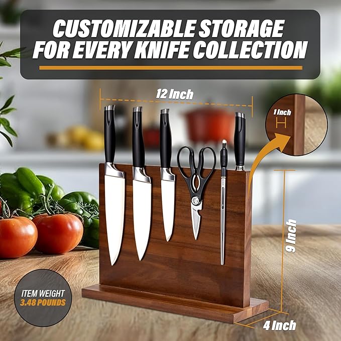Wooden Magnetic Knife Holder - Dual - Sided Stand with Enhanced Magnets for Multifunctional Kitchen Knife Storage - Stylish, Durable, and Strong (Knives Not Included) - 12" x 9" - 3.48 lbs
