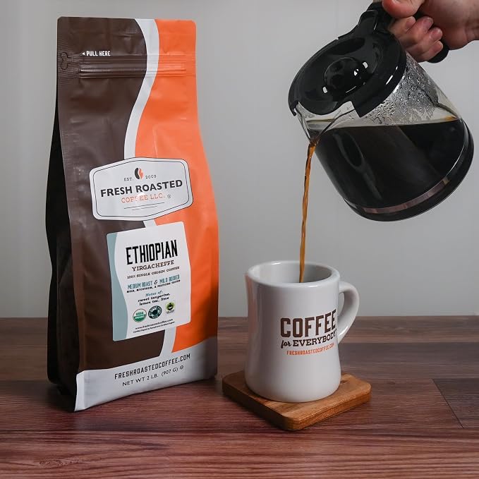 Fresh Roasted Coffee, Organic Ethiopian Yirgacheffe Whole Bean Coffee, Light Roast, USDA Organic, 3rd Party Tested for Mold, Mycotoxin & Pesticides, Kosher, 2 lb (32 oz)