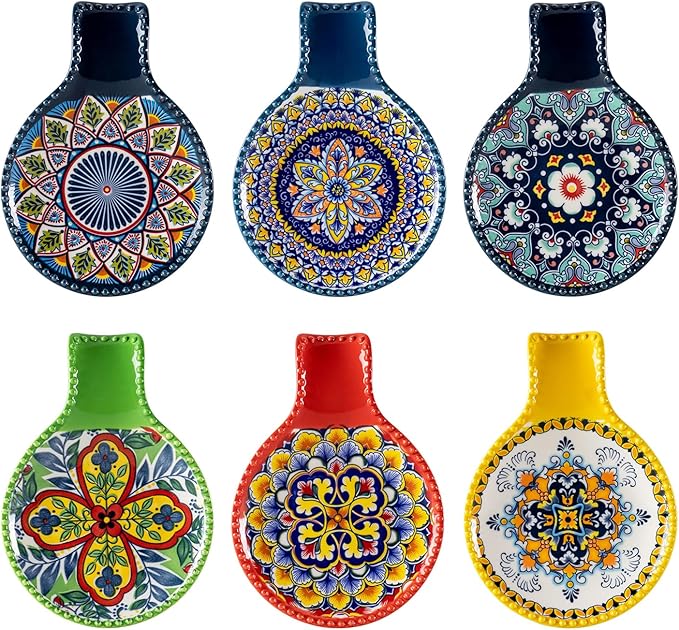 Ceramic Spoon Rest for Stove Top, Large Spoon Holder for Kitchen Counter, Cooking Utensil Rest for Ladle, Spatula, Tongs, Housewarming Gifts Set of 6 - Bohemian Style