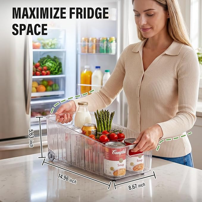 Fridge Organizer Bins with Wheels, Pull Out Fridge Organizer, Adjustable Dividers and Easy Pull Handles, Clear Plastic, 2-Pack, Suitable for Kitchen, Pantry and Cabinet Deep Shelves