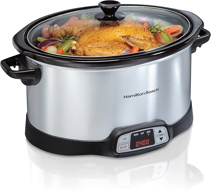 Hamilton Beach Set & Forget 8 Quart Programmable Slow Cooker | Flexible Cooking Options With 3 Heat and Adjustable Time Settings | Dishwasher-Safe Stoneware Crock & Glass Lid | Silver