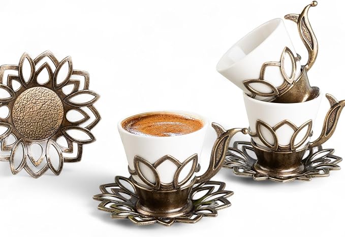Alisveristime (Set of 6) Turkish Coffee Set with Porcelain Cups, Zamac Holders & Saucers – 80ml Capacity, Ottoman Motif, 4 Color Options (Antique Green)