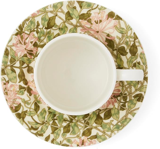 Spode Morris & Co 8.5oz Teacup & Saucer - Honeysuckle| Porcelain | Microwave & Dishwasher Safe | Novelty Cup for Coffee, Tea, Hot Choco - Elegant for Brunch, Parties, Breakfast