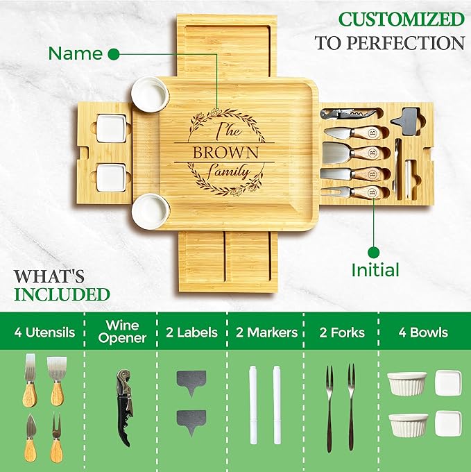 Custom 4-Drawer Bamboo Cheese Board with Utensils Set, Personalized Charcuterie Boards Gift Set, for Kitchen & Entertaining,Wedding,Bridal Shower,Birthday Gift,Housewarming Gift