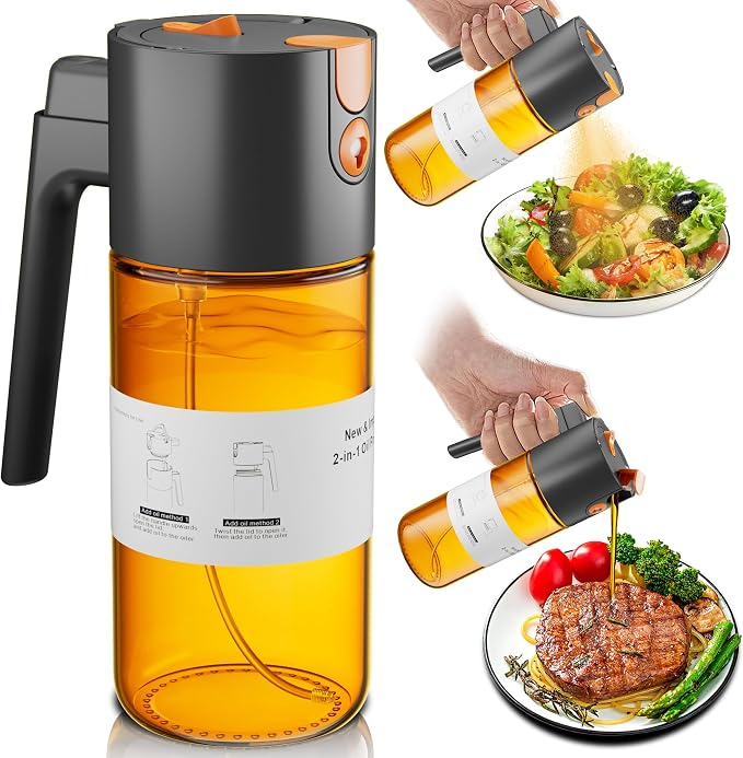 LAKUMIQI 2 in 1 Oil Sprayer for Cooking, 17oz Light-Blocking Glass Spray Bottle with Stickers, Oil Dispenser for Salad, Air Fryer & BBQ