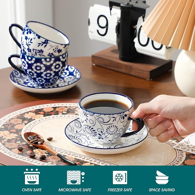 vancasso 8OZ Cappuccino Cups with Saucers, Porcelain Espresso Cups Set of 6 for Latte,Vintage Blue Coffee Cups,Tea Cup Set for Specialty Coffee Drinks, Gift, Series SELENE