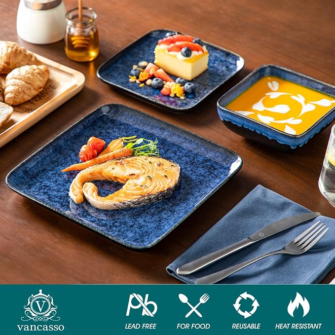 vancasso Stern Blue Square Dinnerware Set for 4, 16 Piece Reactive Glaze Stoneware Plates and Bowls Set, Modern Kitchen Dish Set with Dinner Plates, Salad Plates, Soup Plates and Bowls