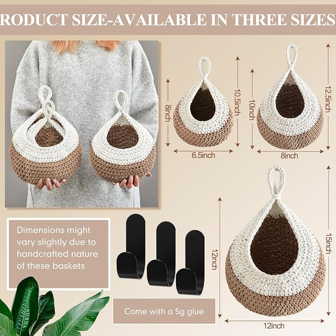 Honeydak Boho Decor Hanging Wall Baskets for Kitchen 3 Pack Teardrop Baskets with Hooks Storage Fruit Onion Vegetable Potato for Home 3 Sizes(White with Light Linen,Teardrop,Cotton Rope)