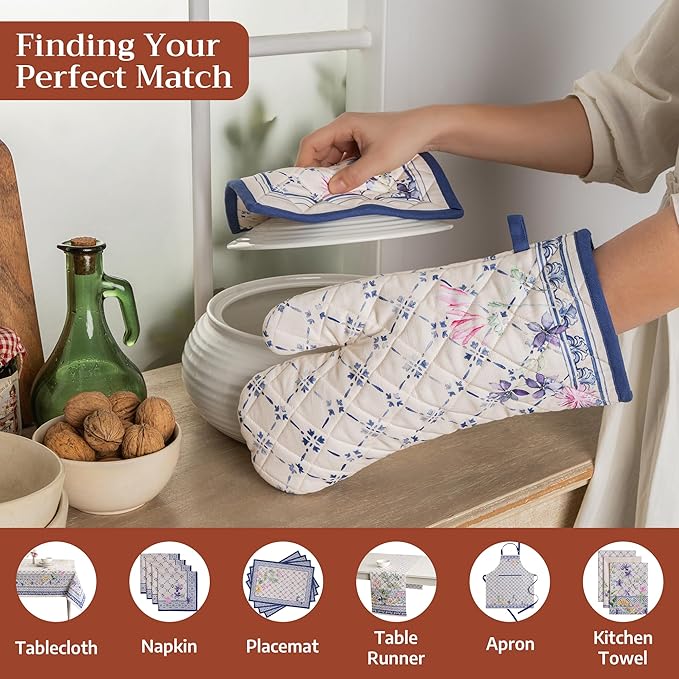 Maison d' Hermine Pot Holders 100% Cotton Heat Resistant Potholders 8" x 8" Hot Pads with Loop BBQ Cooking Baking Gifts for Mothers Day Handling Hot Pans Spring/Summer (Pack of 2, Faience)