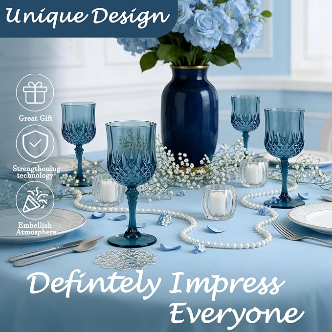Plastic Wine Glasses, Plastic Goblets Vintage Style Cordial Unbreakable Drinking Glasses, Reusable Drinkware for Wedding Reception, Grand Event Party Supplies (24, Navy Blue)