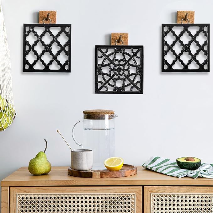 JOGREFUL Cast Iron Trivet Mats, Kitchen Pot Holders to Portect Table/Countertops, Heat Resistant Mats for Teapot/Hot Dishers/Plates, Vintage Mats with Weighted-Base, Black