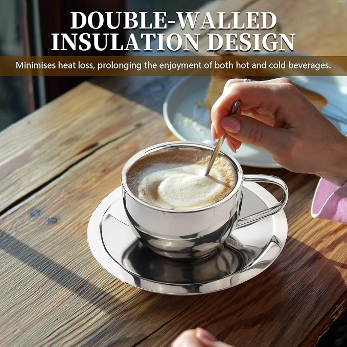 304 Stainless Steel Coffee Cups with Spoon & Saucer, 6.08 Oz Metal Espresso Mugs, Double Walled Insulated Espresso Coffee Cup for Cappuccino Latte Milk Tea Beverages (1 Set，180 ml)