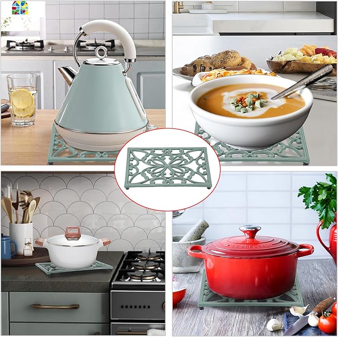 Sumnacon Cast Iron Trivet 2 Pack Rectangle Iron Trivets for Hot Dishes Pots Pans Plates Teapots,10x 6 Inch Metal Trivets for Kitchen Dining Table Cooktop Heat Resistant Trivet with Rubber Feet,Green