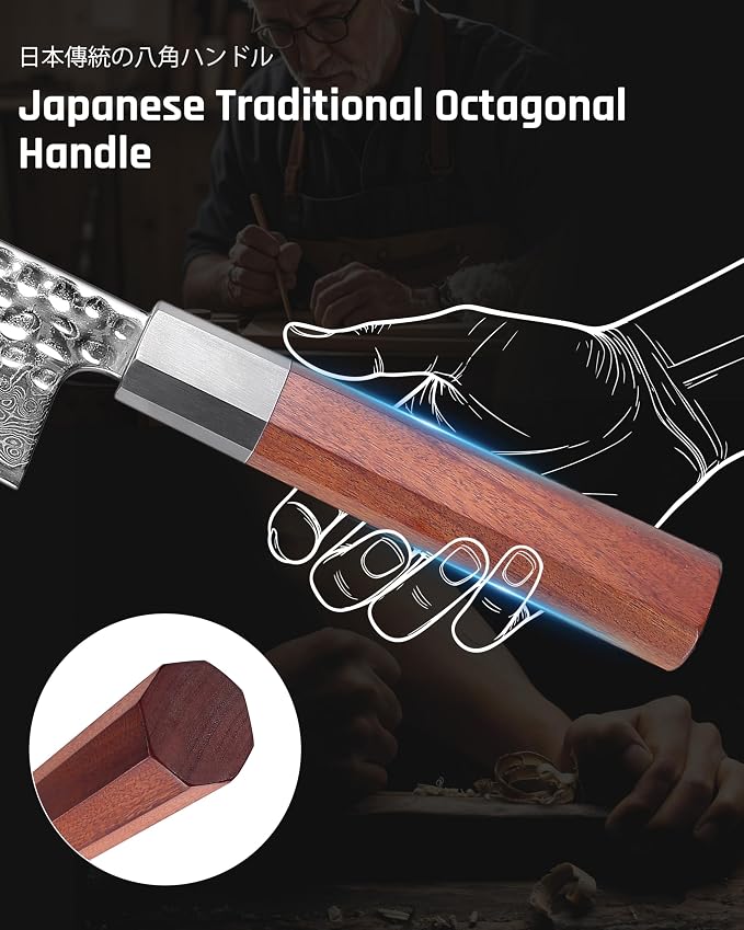 YOTSUBA 3PCS Japanese Damascus kitchen knife set – Ultra Sharp Hand-Forged High Carbon Steel Blades with Genuine Natural Hardwood Handles, Professional Kitchen Knives for Chopping Meat & Vegetables