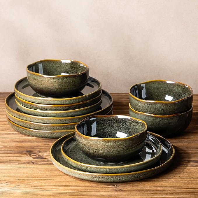 TheTerra Ceramic Dinnerware Sets for 4, 12 Pieces Porcelain Lightweight Plates and Bowls Sets, Scratch Resistant Dish Set, Oven & Microwave & Dishwasher Safe, Olive Moss