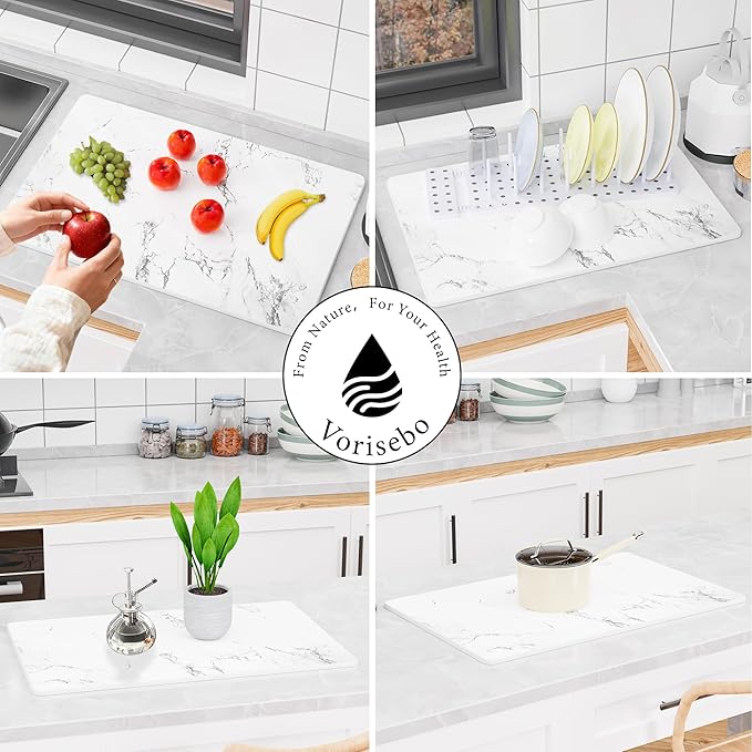 Large Stone Drying Mat for Kitchen Counter, 24" × 16" Diatomite Dish Drying Mat, Ultra Absorbent Diatomaceous Earth Dry Stone Mats with Dish Rack for Dished, Bottles, White Marble
