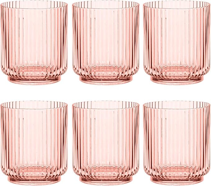 Mesa 15 oz Durable Acrylic Double Old Fashioned Glasses, Shatter-Resistant and Dishwasher-Safe Drinkware for Outdoor/Indoor Use, Ideal for Scotch, Bourbon, Cocktails - Pink - Set of 6