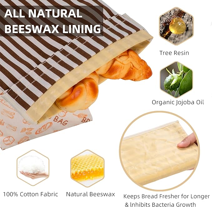 Beeswax Bread Bags for Sourdough - Extra Large 17"×12.5", 2 Pack Reusable Organic Cotton Linen Bread Storage Bag, Keeps Bread Fresh Naturally, Eco-Friendly Homemade Bread Bag