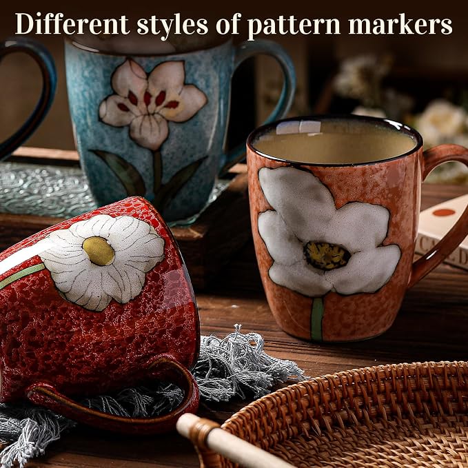 Maxdot 2 Pcs 12oz Ceramic Coffee Mugs Sets Glazing Process Cappuccino Mug Floral Ceramic Tea Cups Idea Gift Set for Women Porcelain Cup for Coffee, Cocoa, Tea, Latte (Retro) (Vintage)