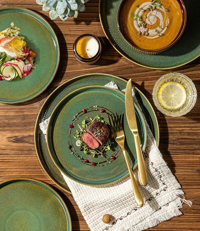 GBHOME Stoneware Dinnerware Sets for 4, 12 Pieces Lightweight Ceramic Ribbed Plates and Bowls Set, Reactive Glaze Stackable Plate Sets,Scratch Resistant Dishes,Microwave & Dishwasher Safe,Maroon Olive