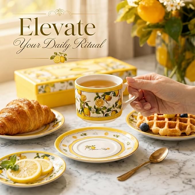 Summer Lemon Espresso Cups and Saucers Set of 2, 4 oz Ceramic Small Coffee Mug with Handle,Lemon Botanical Pattern for Tea, Latte, Cafe, Microwave & Dishwasher Safe, Decorative Holiday Gift Box