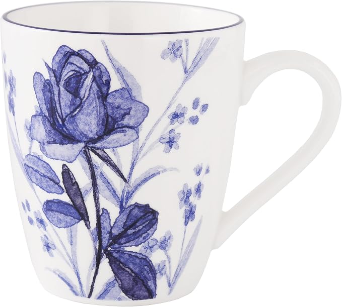 Lorren Home Trends Floral Rose Coffee Mug Set of 4, 12 Oz, Microwave and Dishwasher Safe, Bone China (DARK BLUE)