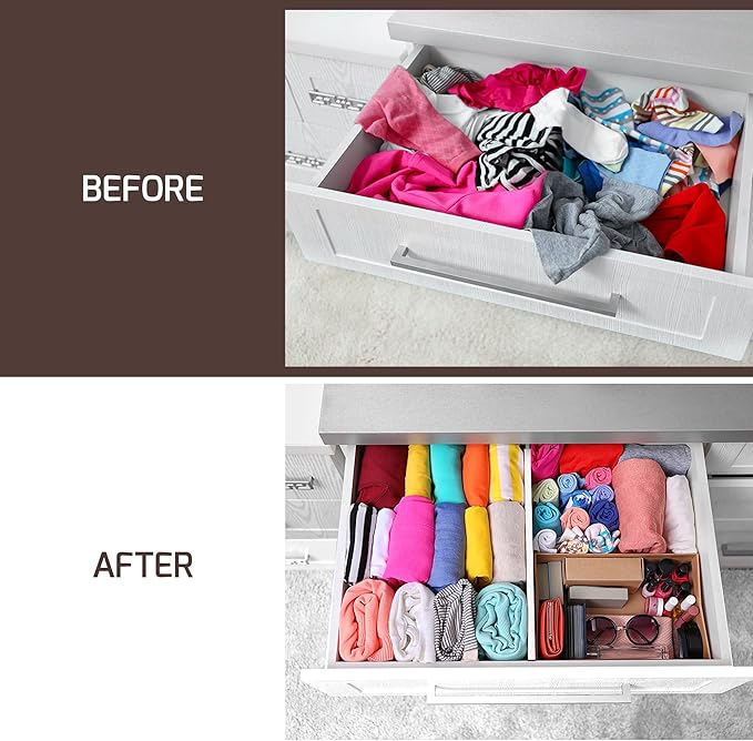 6-Pack Drawer Dividers 4 Inch High, 11”-17" Adjustable Bamboo Organizers Large Expandable Drawer Separators for Cloths, Dresser, Bedroom, Bathroom, Baby Drawer, Office & Kitchen Utensils (White)