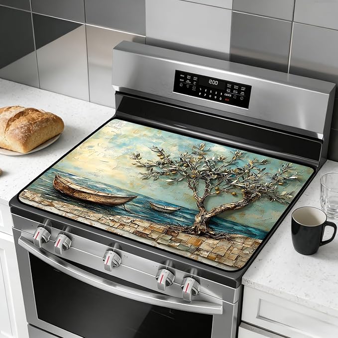 Stove Top Cover for Electric Stove, Vintage Farmhouse Style Glass Cooktop Protector, Multi-functional Kitchen Counter & Washer Top Cover