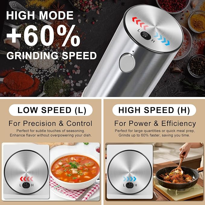 Electric Salt and Pepper Grinder Set, Rechargeable 2-Speed Automatic Mills | USB-C rechargeable, 2 speeds, one-hand automatic, 6 coarseness levels, top-fill 3.2oz, storage base, stainless steel, LED
