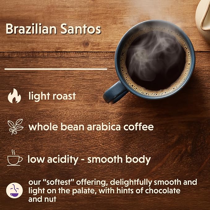 Coffee Bean Direct Brazilian Santos, Whole Bean Coffee, Arabica, Light Roast, 1 Pound Bag (Pack of 1)