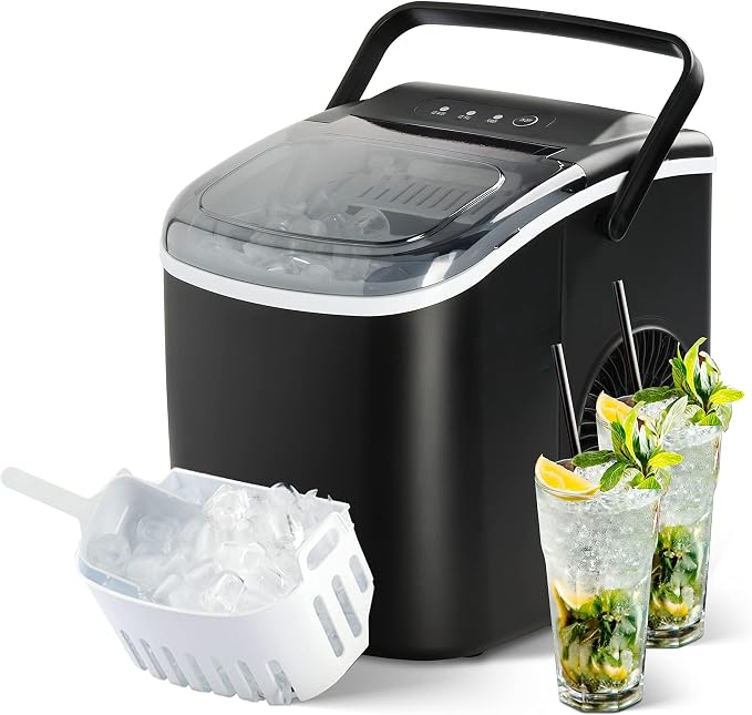 YSSOA Portable Ice Maker for Countertop, 9 Ice Cubes Ready in 6 Mins, 26lbs Ice/24Hrs, with Self-Cleaning Feature, Ice Spoon and Basket, for Home Kitchen Office Camper RV, Black