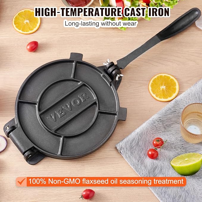 VEVOR Tortilla Press, 8 Inch Tortilla and Roti Maker, Cast Iron Heavy Duty Tortilladora Press, Pre-Seasoned Pataconera Maker with 100 Pcs Parchment Paper, Dough Maker for Flour Tortilla, Tawa, Silver