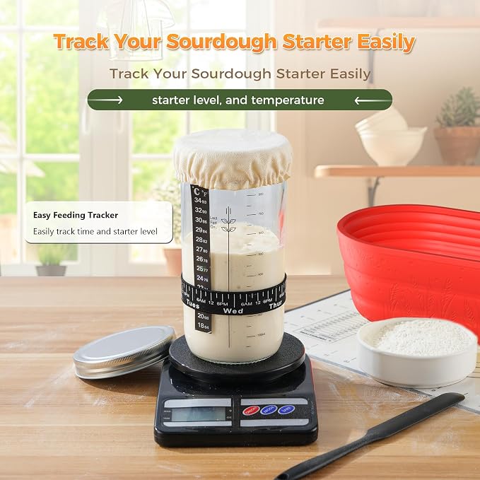 Sourdough Starter Kit for Beginners, 34 oz Starter Jar with Scale Marking, 2 Silicone Proofing Baskets, Complete Bread Baking Kit with Guide & Recipes, Easy to Use & Clean - Red