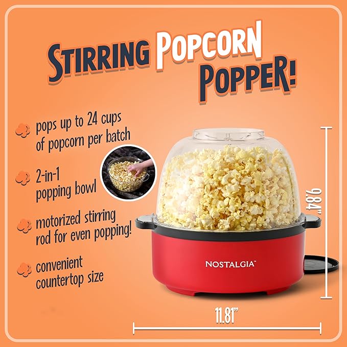 Nostalgia Non Stick Stirring Popcorn Maker for 24 Cups of Theatre Style Popcorn with Hot Oil - Dual-Use Lid & Serving Bowl - Quick Heat Technology & Cool Touch Handles - Ez Store - Red