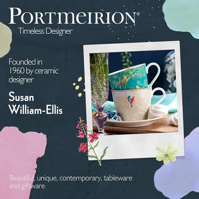 Portmeirion Sara Miller London Chelsea Teacup and Saucer, Green | 8 Oz Cup for Drinking Tea and Coffee | Made from Fine China with Gold Detail | Handwash Only