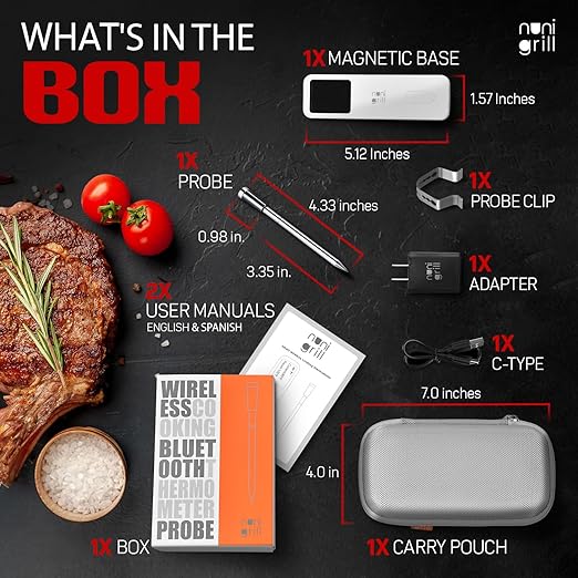 Smart Wireless Meat Thermometer- Digital Meat Thermometer for Smoker, Grilling & Oven Smartphone App Digital Meat Thermometer Wireless, 200ft Range, Rechargeable (One Probe)