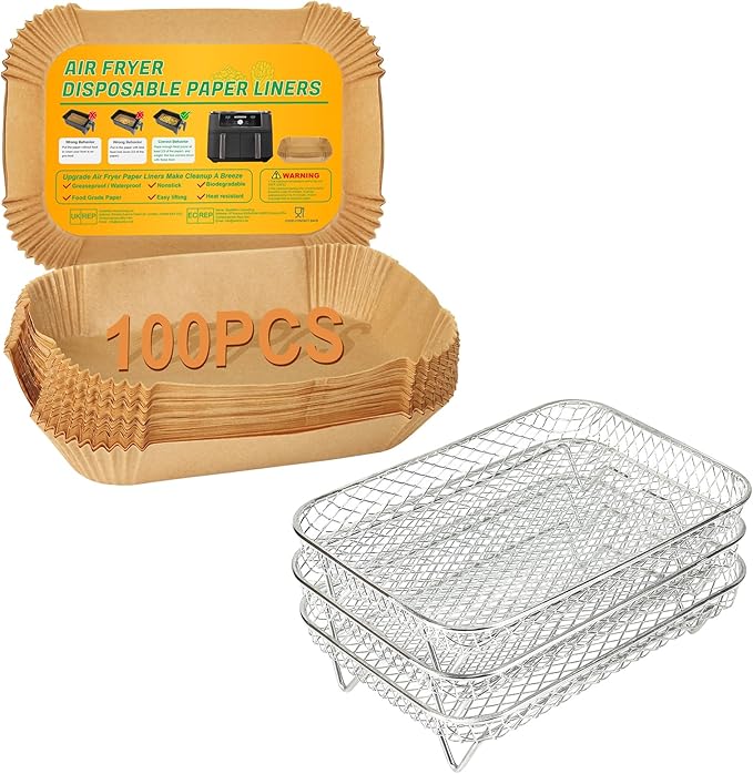 100PCS Dual Air Fryer Paper Liners & 3pcs Stackable Air Fryer Rack for Ninja Double Airfryer, Rectangle Air Fryer Parchment Paper for Ninja DZ201/DZ401/DZ550/SL401 & More, Ninja Airfryer Accessories