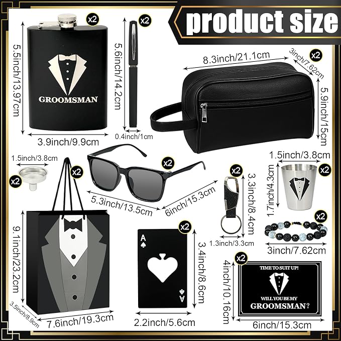 Set 2 Groomsmen Proposal Gifts - Groomsmen Gift Boxes with Leather Bag，Tuxedo Flask, Funnel，Shot Glasse，Poker Card Bottle Openers, Sunglasses, Pen，Bracelet, Card & Gift Bags for Wedding Party